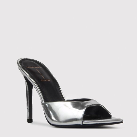 Like new BLACK SUEDE STUDIO Brea Mule in Silver Mirror Metallic high heel open - Picture 1 of 10